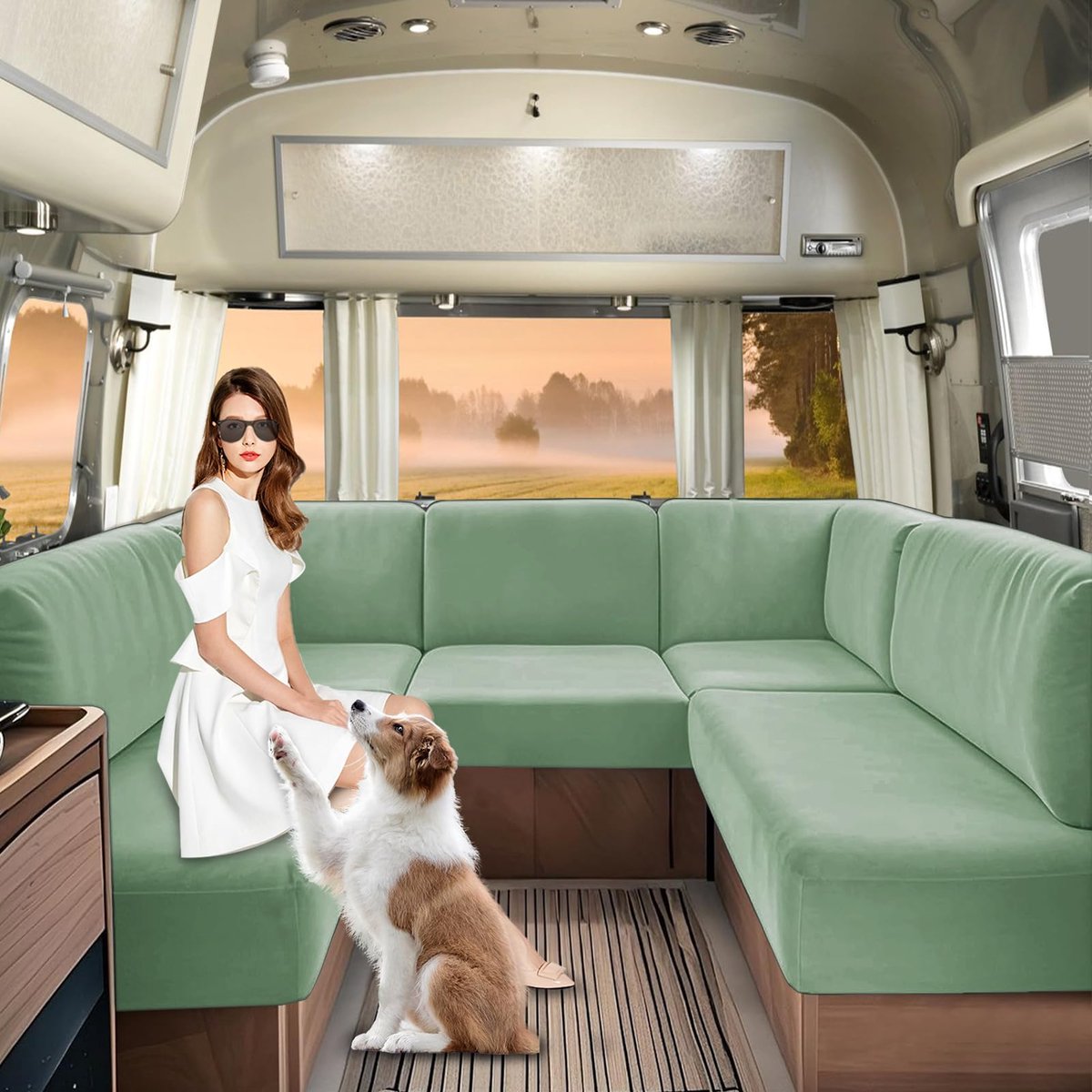 Stoelhoezen voor caravans, fluweelachtige hoes voor camperstoelen met elastische band en veters, RV bankkussen hoes voor camper, wasbaar (Groen, W50-70 cm, D50-70 cm)