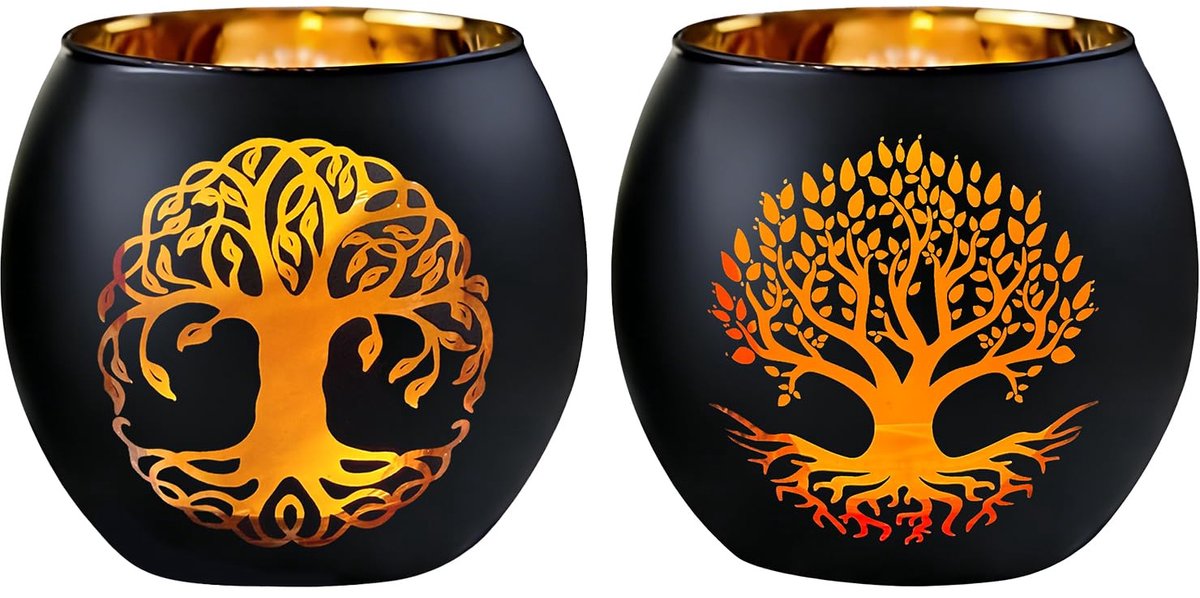 Theelichthouders van zwart glas met levensboom-design, mat, tafeldecoratie voor Ramadan Eid Mubarak, diameter 8 cm, dagelijks gebruik