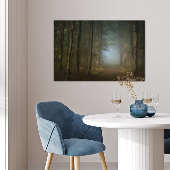 Poster 60x40 cm - Bos - Winter - Mist - Pad met bomen - Bospaden - Posters - Kamer decoratie - Wanddecoratie woonkamer - Muurdecoratie slaapkamer