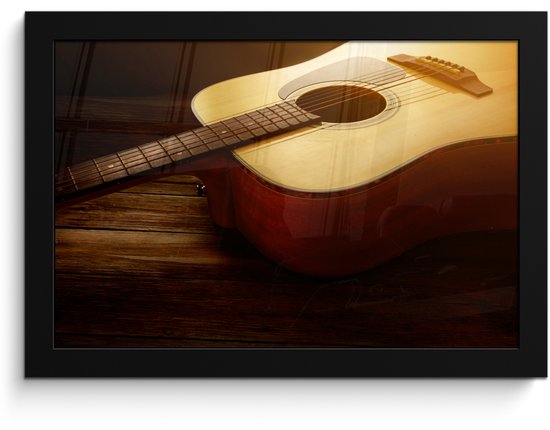 Poster in lijst - Fotolijst 30x20 cm - Posters - Zonnestralen op een akoestische gitaar - Posterlijst zwart - Decoratie - Wanddecoratie woonkamer - Muurdecoratie slaapkamer