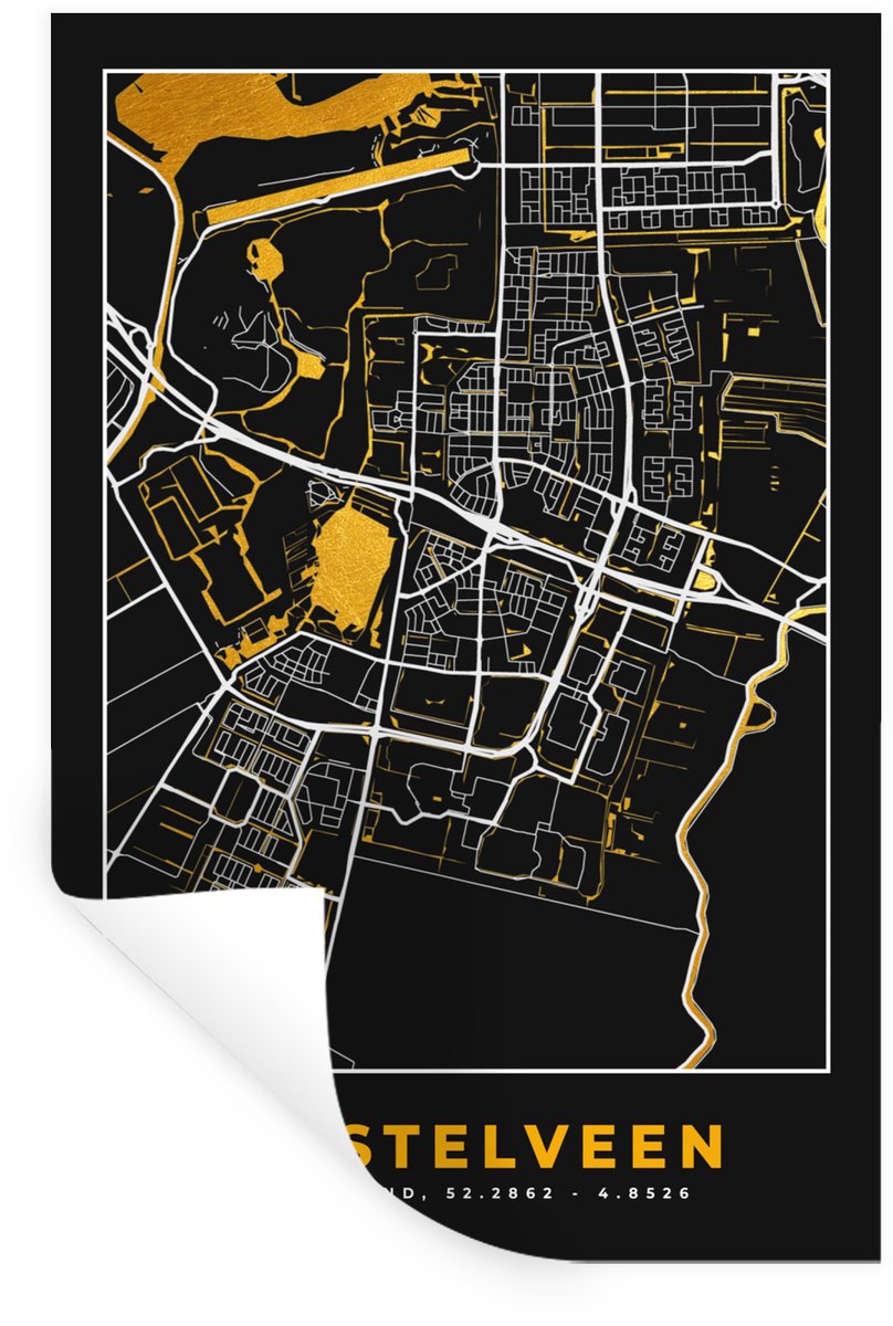 Muurstickers - Sticker Folie - Stadskaart - Amstelveen - Goud - Zwart - 20x30 cm - Plakfol