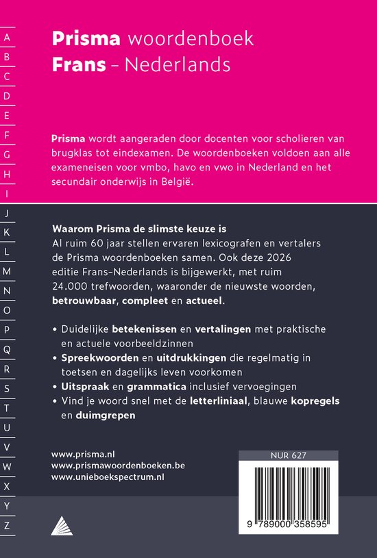 Arrière d'un dictionnaire Prisma Français-Néerlandais, avec un index alphabétique et des informations produit.