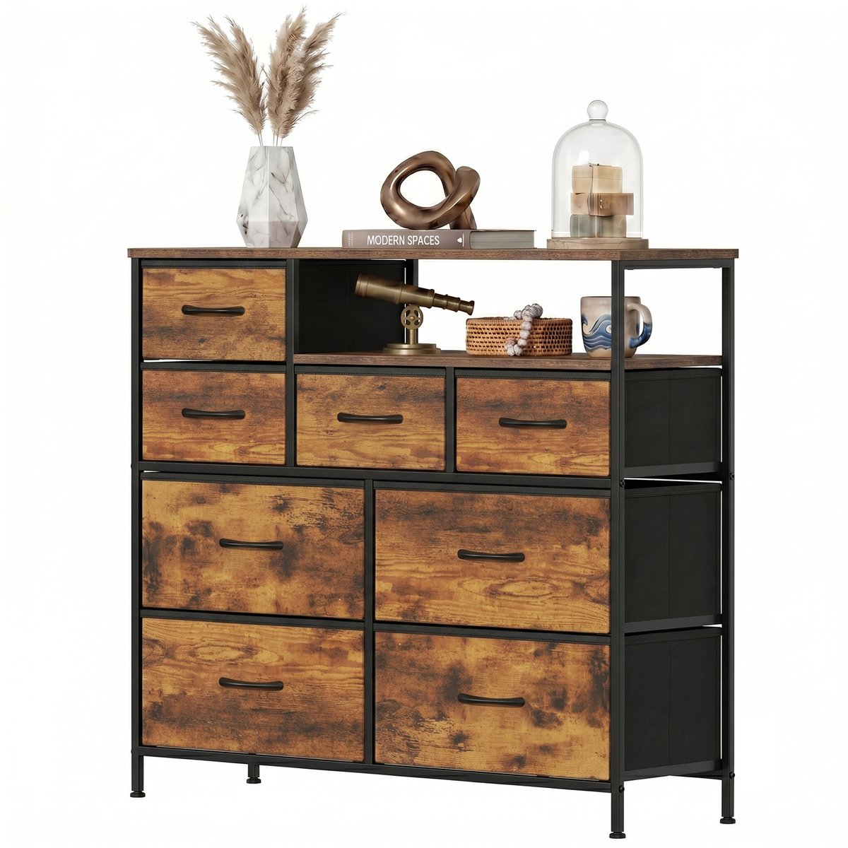 Ladekast met 8 Stoffen Laden 100x30x83,5 cm - Opbergkast - Stoffen Ladenkast - Slaapkamerkast - Woonkamer Kast - Hal Kast - Met Open Opbergvak - Industriële Kast - Vintage Houtlook