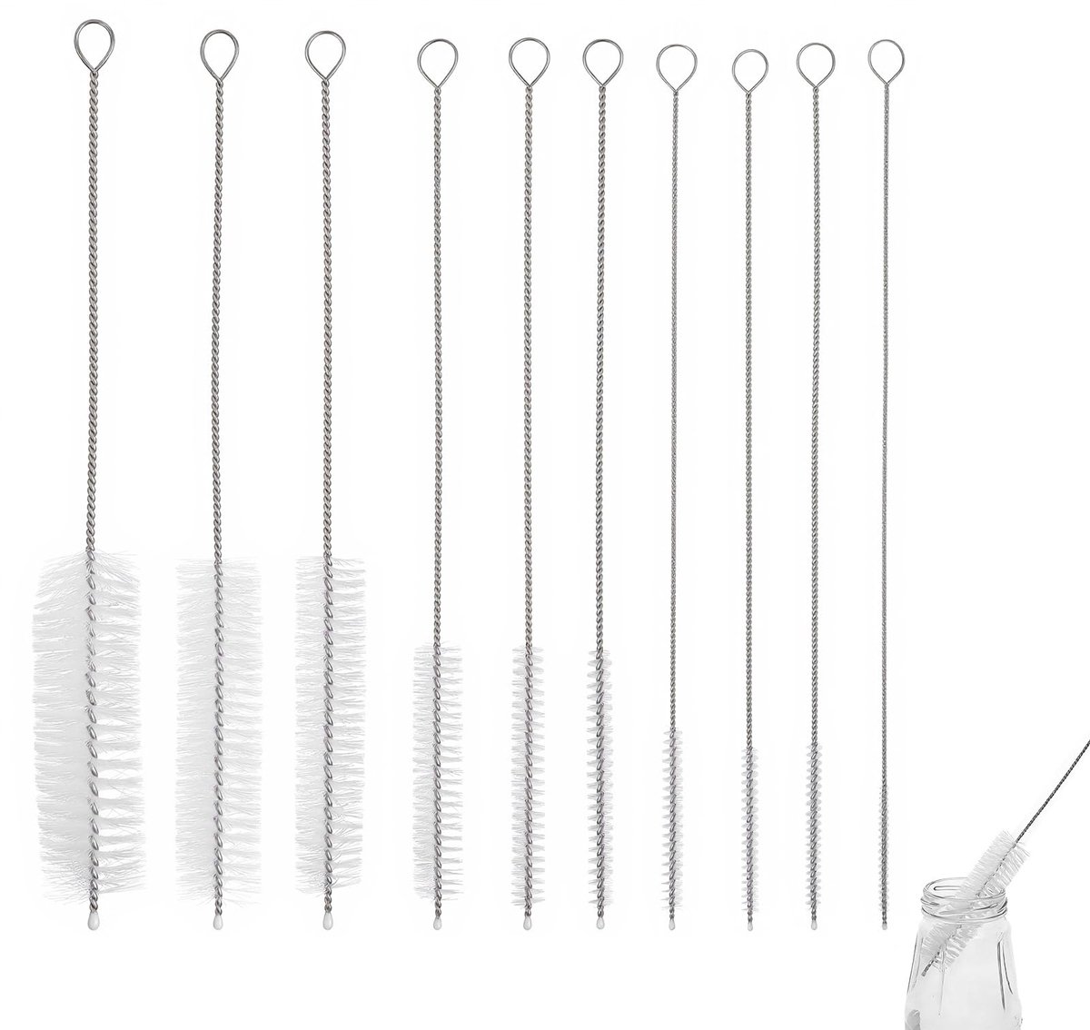 10 stuks rietjesreinigingsborstels, borstelset, roestvrijstalen handgreep, nylon draadborstels, flessenborstel, volledige borstelafdekking, reinigingsborstel voor theepot, openingen reinigen