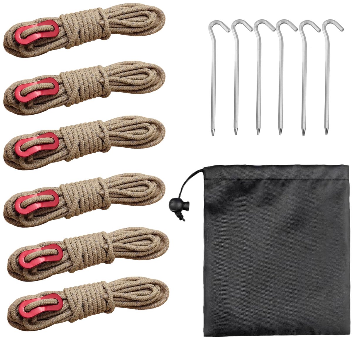 Set van 6 reflecterende tenttouwen met spanlijnen (4 mm x 4 m per rol) en 6 aluminium haringen, versterkte spanbanden voor kamperen, wandelen, caravan en tent (beige)
