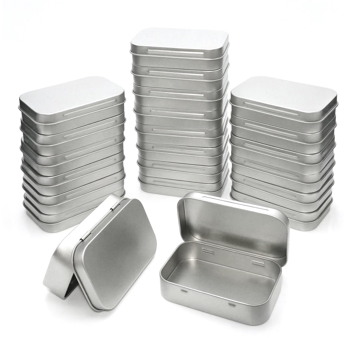 22 Stuks Mini Rechthoekige Metalen Doosjes Zilveren met Scharnierdeksel (9,5 x 6 x 2,2 cm) – Kleine Blikken Doos voor Organisatie van Onderdelen, Lege Blikjes voor Doe-het-zelf en Opslag