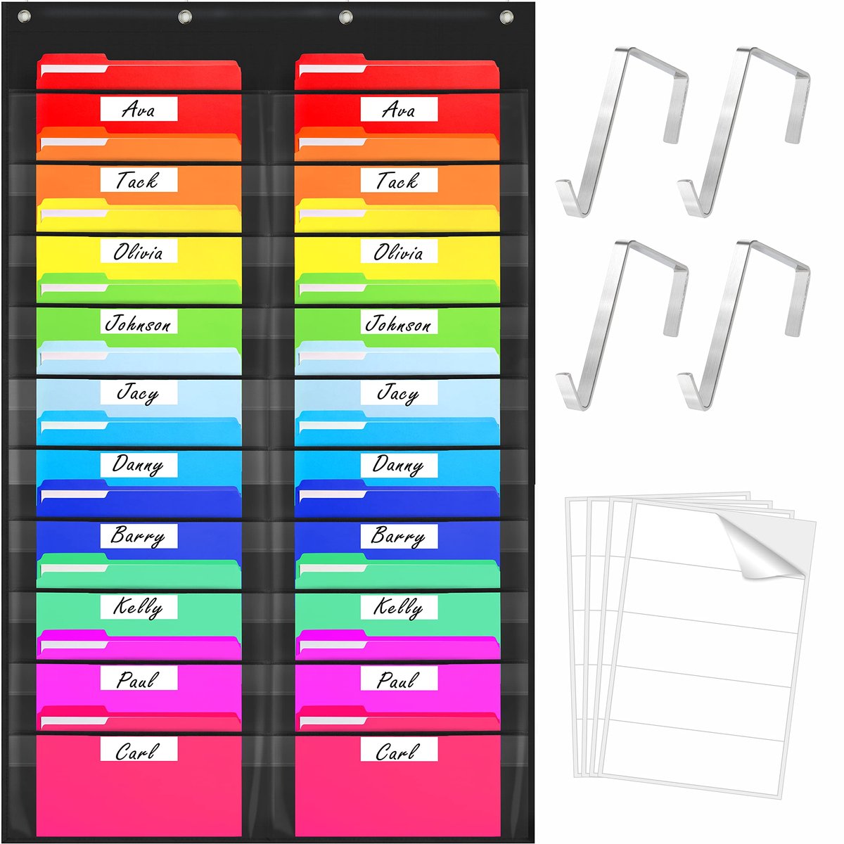 Heavy Duty Muur Bestandsorganisatiemap met 20 doorzichtige bestandszakken, 20 blanco droogwisbare naamstickers plus 4 deurhaken voor bestanden, klaslokaal en kantoor (zwart, 28,5" x 47