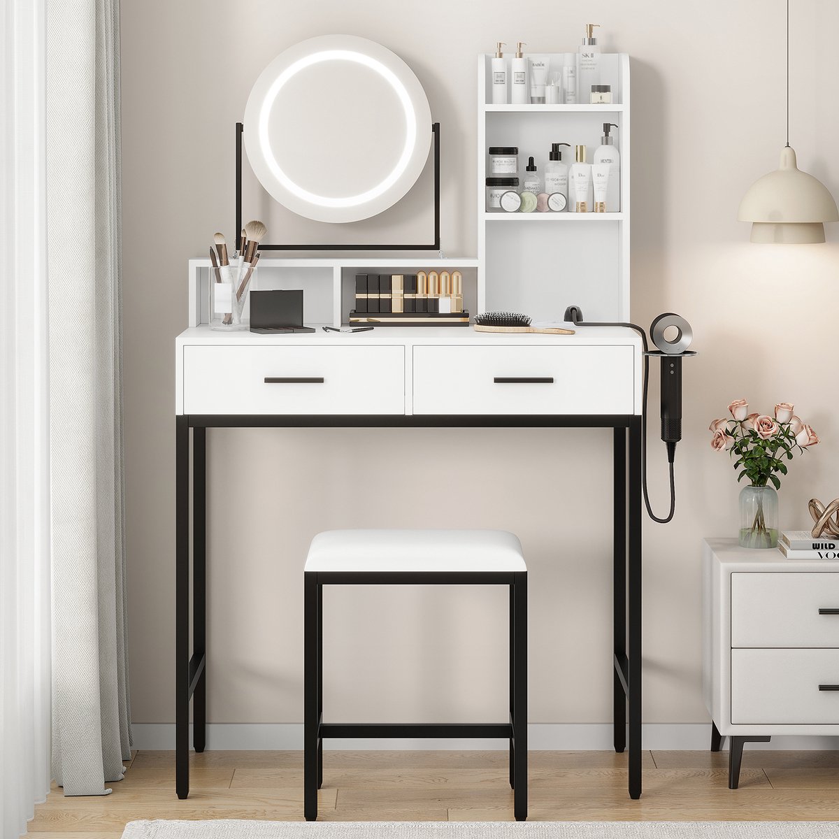 Triumpunpre - Kaptafel Make Up Tafel Inclusief Krukje - Met 360° draaibare LED Lampen 3 Lichtkleuren 2 USB - 2 laden en 5 opbergplanken föhnhouder - Wit + Zwart