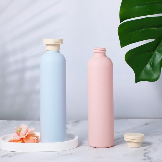 2-pack knijpflessen, 260 ml plastic navulbare reiscontainers met flip-dop - lekvrij voor shampoo, crèmes, lotion, conditioner (blauw + roze) — afbeelding 4
