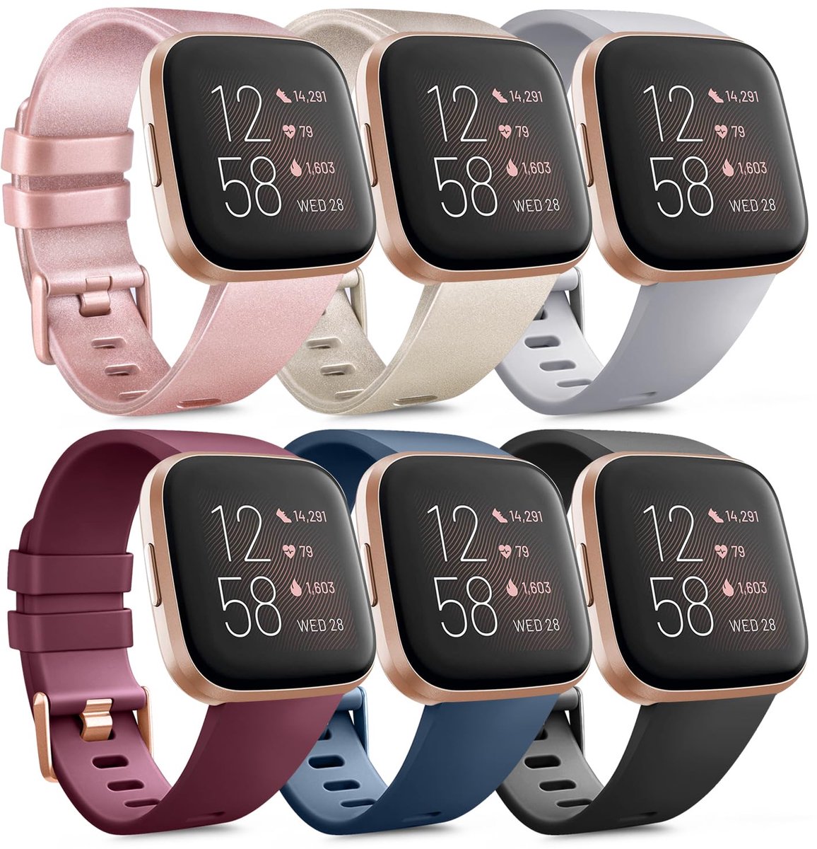 Set van 6 armbanden voor Fitbit Versa 2 armband voor dames en heren, zachte siliconen sportreservearmband voor Fitbit Versa armband/Versa Lite armband/Versa SE armband