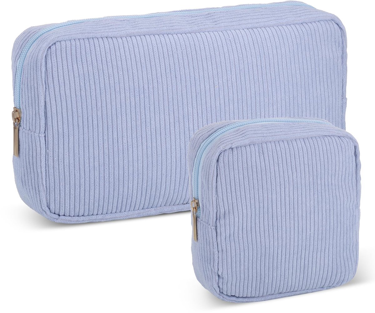 Kleine Make-uptas, 2 Stuks Portemonnee, Corduroy Make-uptas, Draagbare Make-uptas met Compartimenten voor Meisjes en Vrouwen, Hemelsblauw