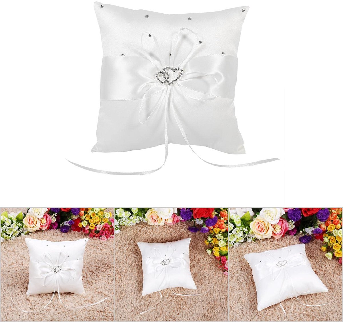 Bruiloftskussen, 20 cm × 20 cm, wit zijden lint, romantisch kussen met strik, dubbele hartjes, decoratie, bruid, bruiloft, ringkussen, decoratie, vintage