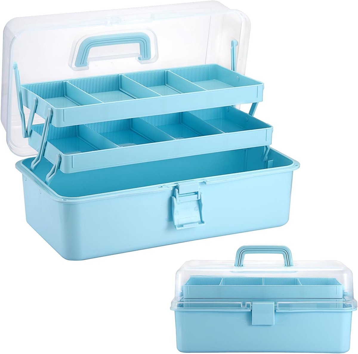 Multifunctionele 3-laags opbergdoos, BPA-vrij, voor naaibenodigdheden, medicijnen en cosmetica, draagbare organizer met deksel in blauw
