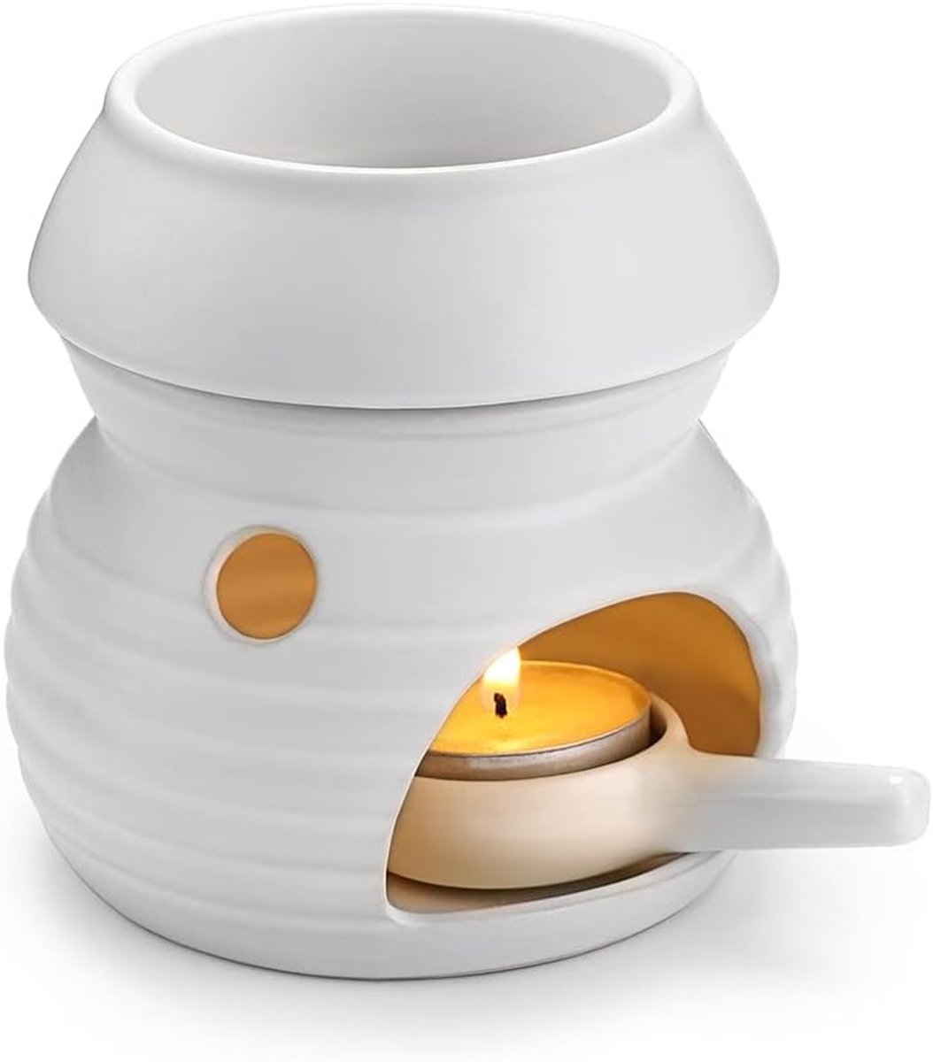 Keramische geur lamp met kaarshouder, theelichthouder, aroma lamp en geurbrander voor geur olie en was, wit en stijlvol design