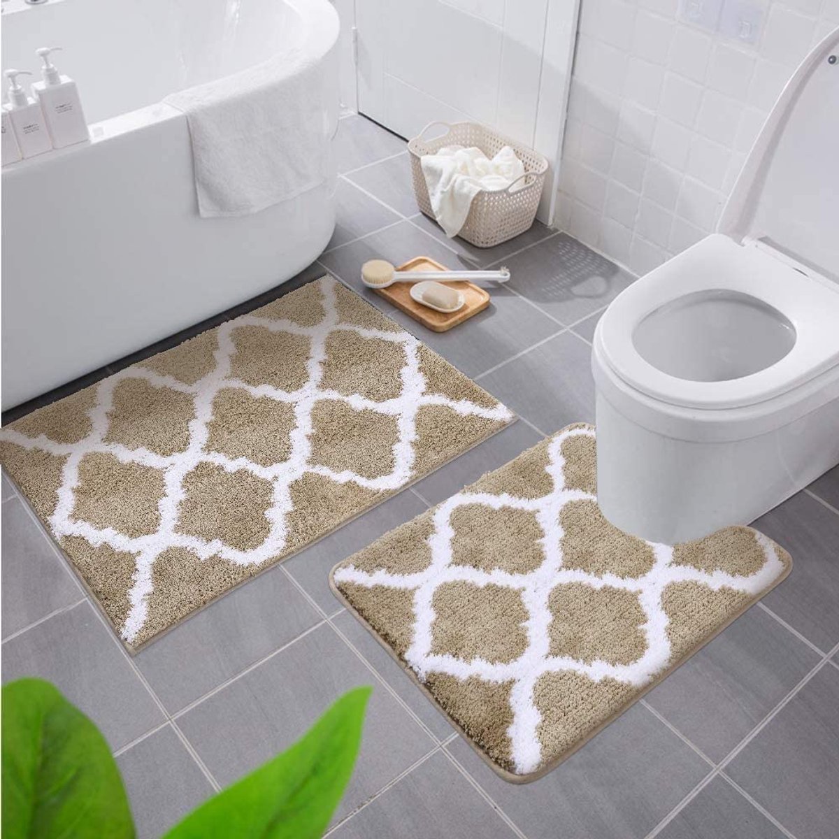 Badmatset, 2-delig, zacht, hoogpolig, badkamer-wc-tapijtset, microvezel, badmatset, 2-delig, beige