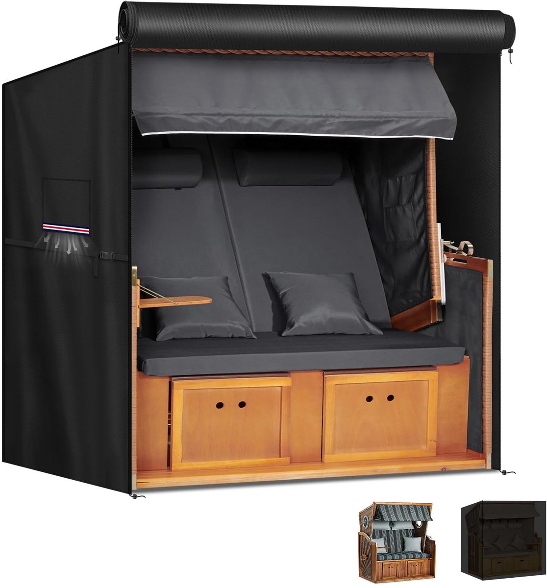 Beschermhoes voor Strandkorf, 420D Oxford Strandkorfhoezen met Ventilatieopeningen, Winterbestendig, UV-Bestendig, Afdekking voor Strandstoel, 155x95x165/145cm