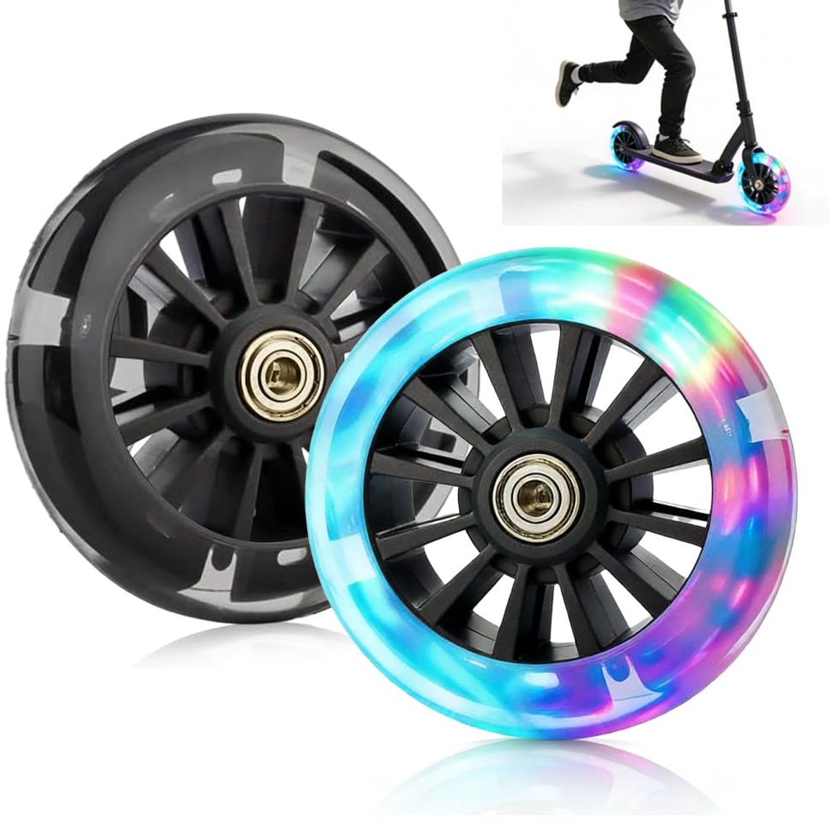 stuntstepwielen, 120 mm, 2 stuks stuntstepbanden met led-knipperlicht, lichtgevende stuntstep, wielen met ABEC-7-kogellagers, stil, duurzaam, reservewielen voor step, zwart