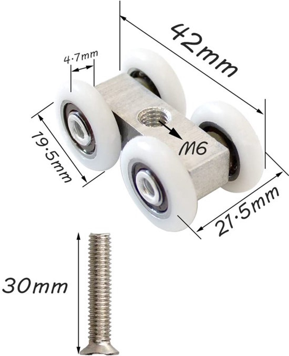 Looprollen schuifdeur - 5 stuks - aluminium en kunststof - 20 mm
