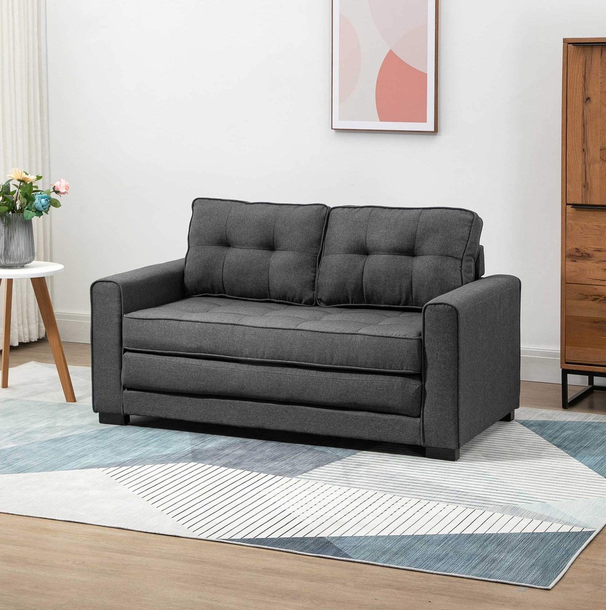 MIVRAY Slaapbank 147,5 x 75 x 85 cm - 2-Zits Met Slaapfunctie - Voor Woonkamer En Logeerkamer - Polyester Met Linnenlook - Grijs