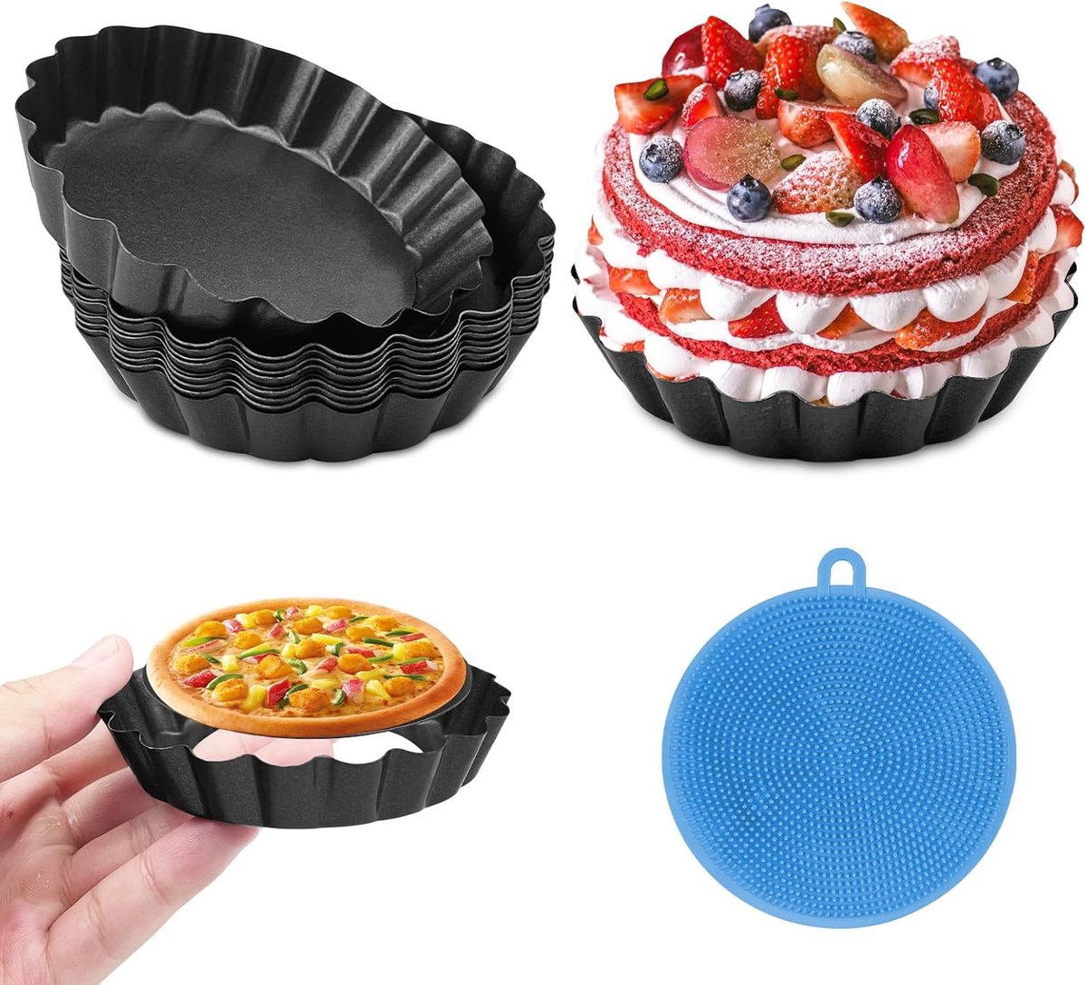 10 stuks taartvormen 10 cm, zwarte taartvorm van koolstofstaal met afneembare bodem, ronde gecanneleerde taartvormen met antiaanbaklaag, voor het bakken van taarten, taarten en quiches