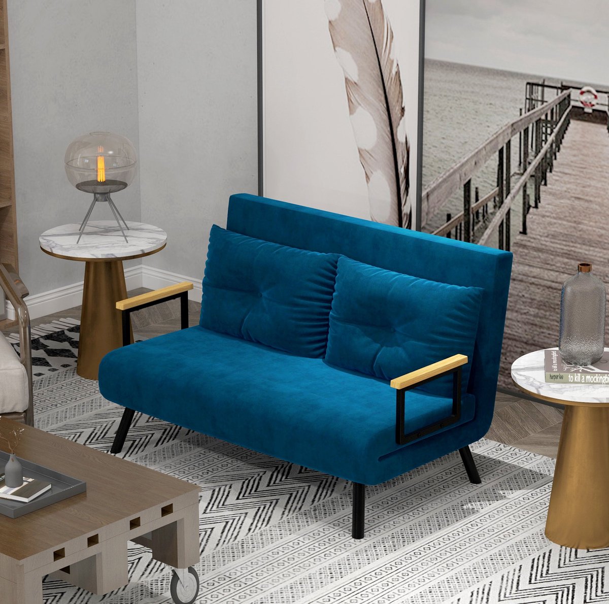 MIVRAY Fauteuil 102 x 73 x 81 cm - Slaapsessel Met Verstelbare Rugleuning En Bedfunctie - Voor Logeerkamer En Kleine Ruimtes - Velvet Blauw