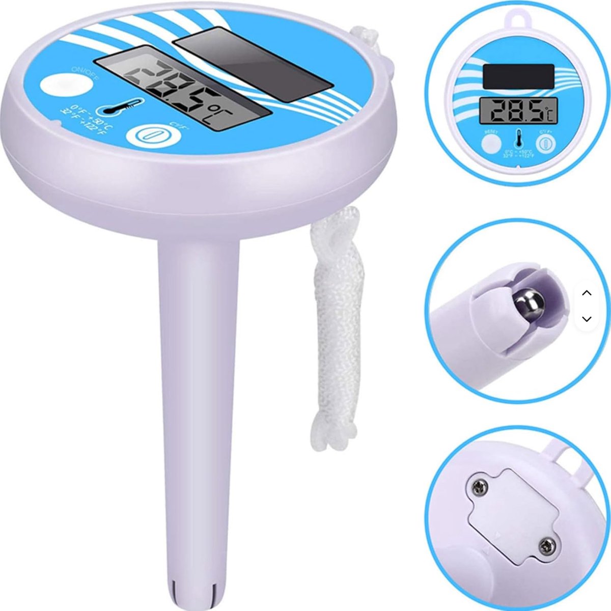 Premium drijvende solar zwembadthermometer | Nauwkeurige, gemakkelijk afleesbare wijzerplaat met dubbele schaalverdeling °F/°C | Geen batterijen nodig | Waterdichte thermometer voor buitenbad, spa of jacuzzi | Blauw