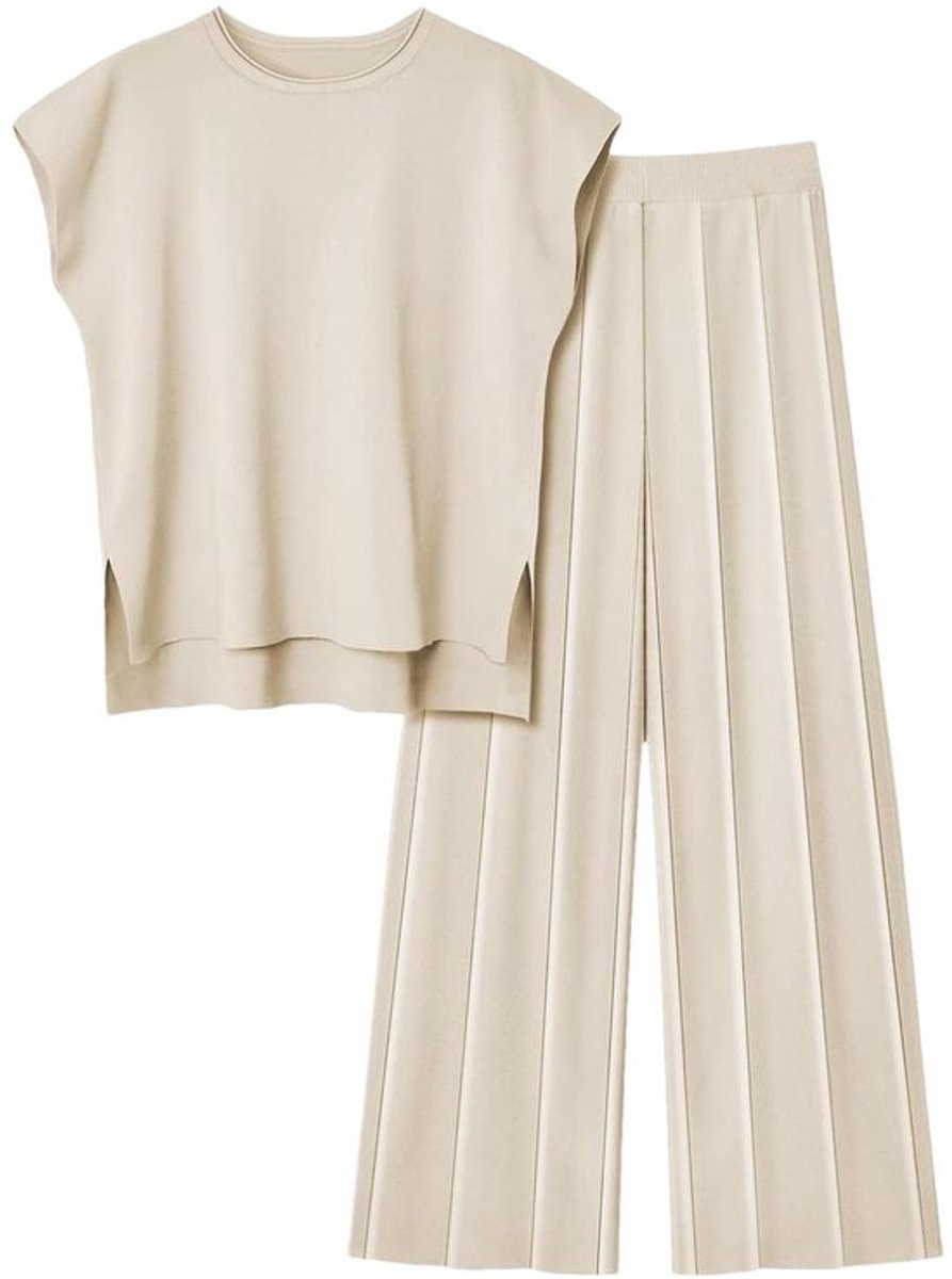 Trainingspak Dames - 2-delige Outfit - Gebreid Vest - Wijde Pijpen - Ademend Materiaal - Lichtgewicht Comfort - Lounge Set
