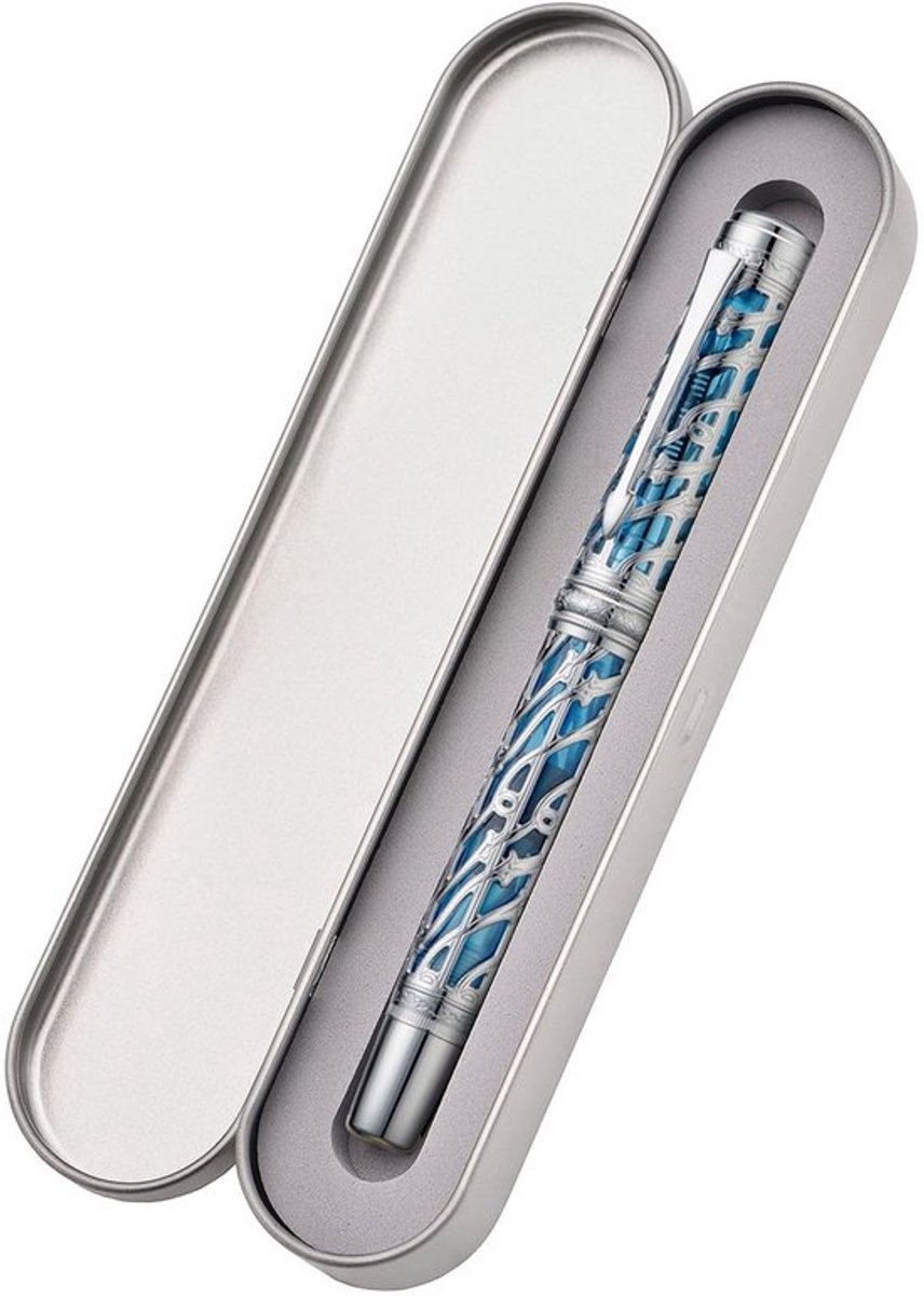 HONG DIAN A6 Zuiger Vulpen Fijne Zachte Penpunt, Zilver Blauwe Holle Skelet & Hars Pen met Metalen Koffertje Set