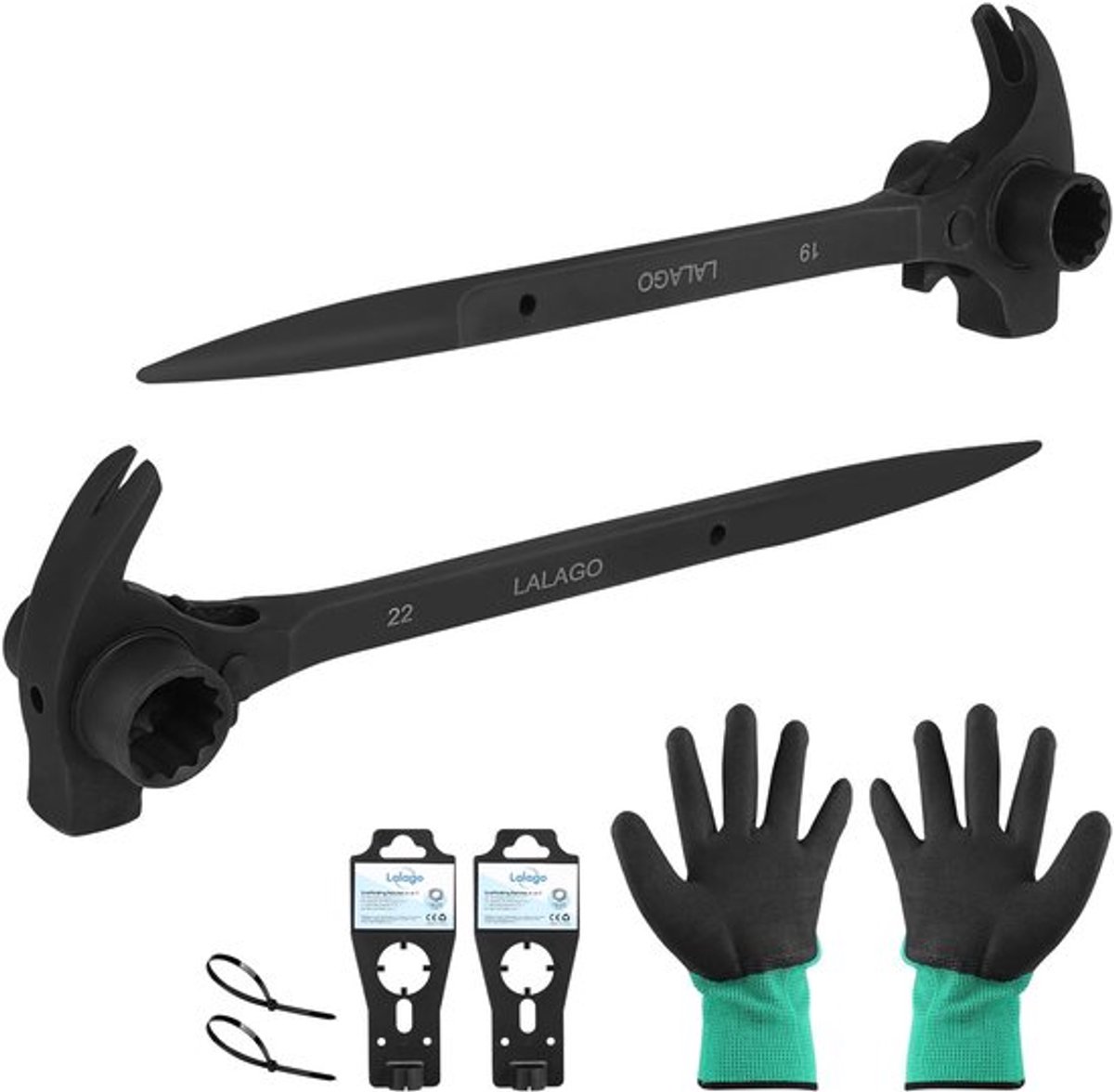 LALAGO 2 stuks steigerratel 4-in-1, steigersleutel 19/22 mm rechts/links omschakelbaar, steigerbouwratel van CR-V staal, ratelsleutel lengte 315 mm zwart met spijkerijzer voor demontage van de auto