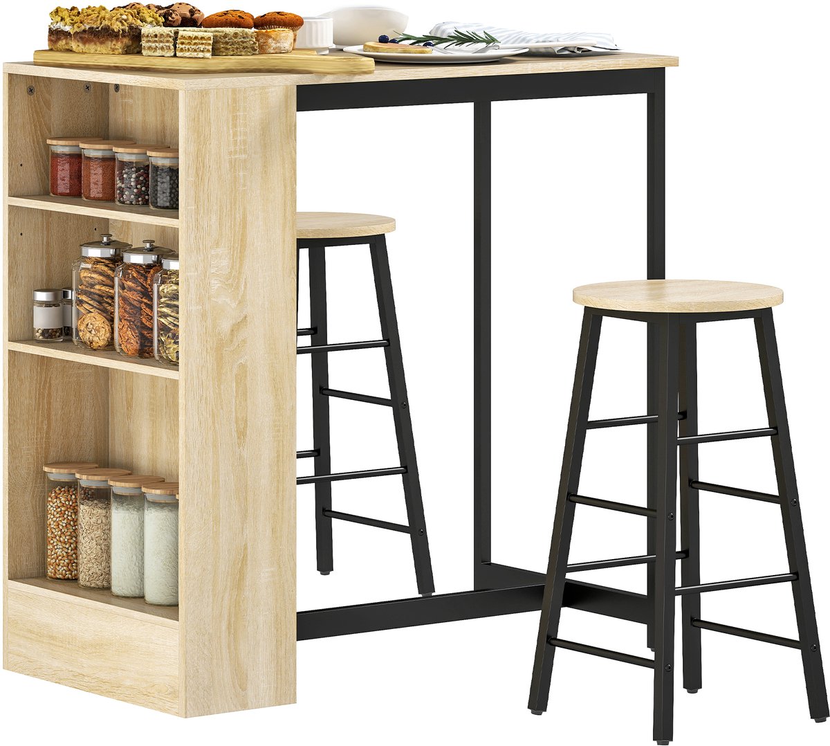 3 - delige bartafelset - 1 bartafel - 2 stoelen - met opbergruimte en voetensteunen - ruimtebesparend - lichtbruin + zwart