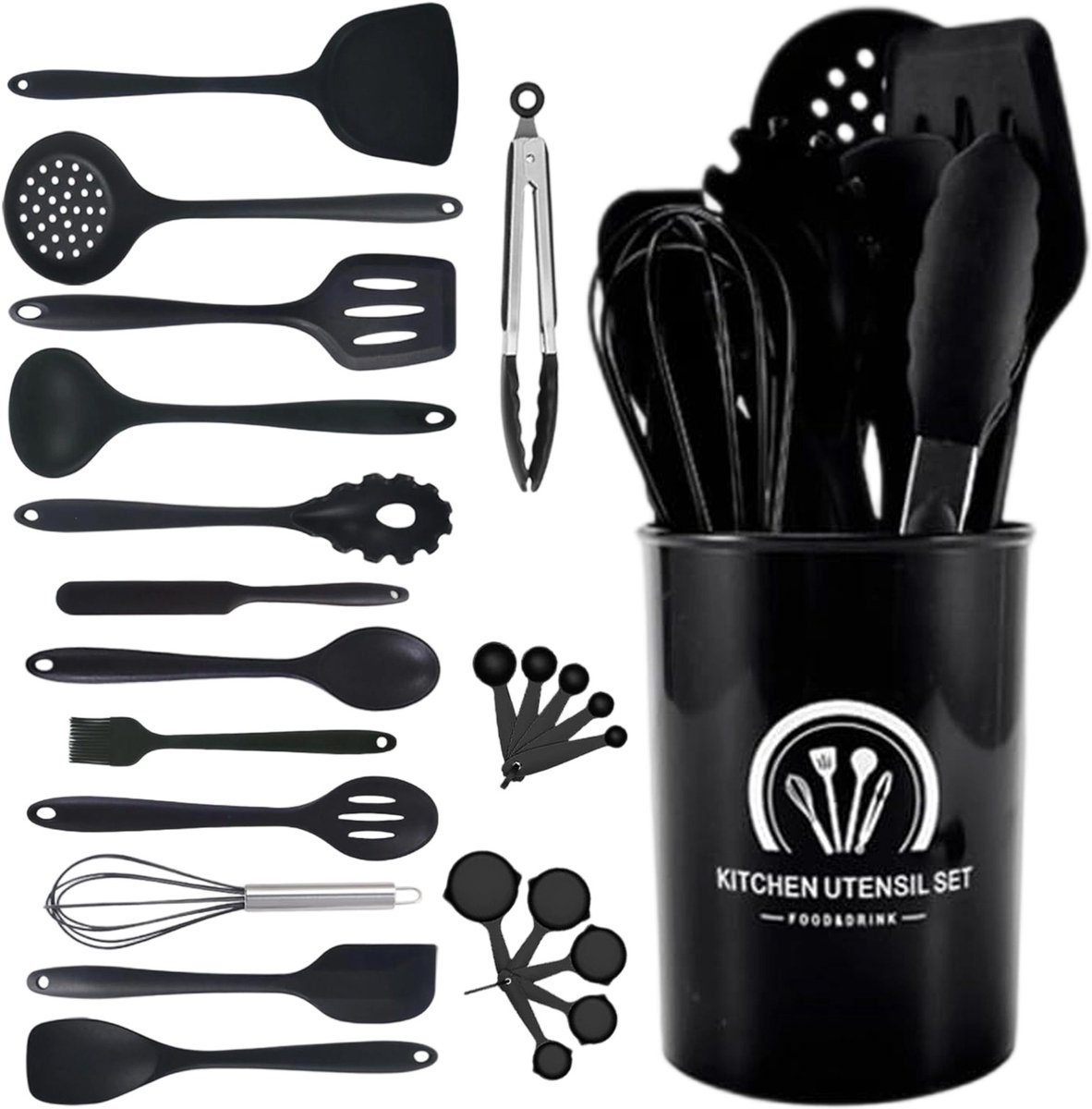 OKWISH Keukengerei Set 24 Delig – Hittebestendig En Naadloos – Voor Dagelijks Koken En Bakken – 33 X 12 X 12 Cm – Siliconen – Zwart