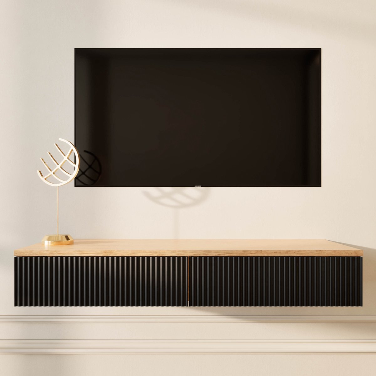 Planetmöbel AMYRA Zwevend TV-meubel 100 cm – Goud Eiken/Zwart – Wandhangend – Met Lade – Compact Mediameubel