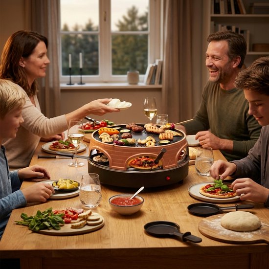 Een gezin aan tafel met een Emerio Pizzarette, 6-persoons pizza oven, dat samen eet en gezellig kletst.