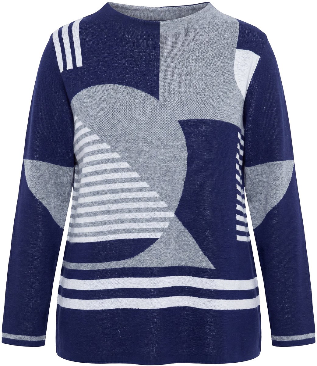 Ulla Popken - Dames - Trui jacquardpatroon opstaande kraag lange mouwen - Marine - Maat 58+