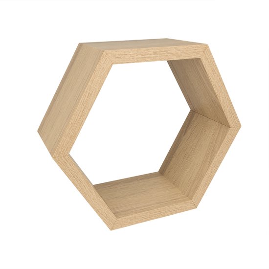 Een houten hexagon wandplank met een open binnenkant, op een witte achtergrond.