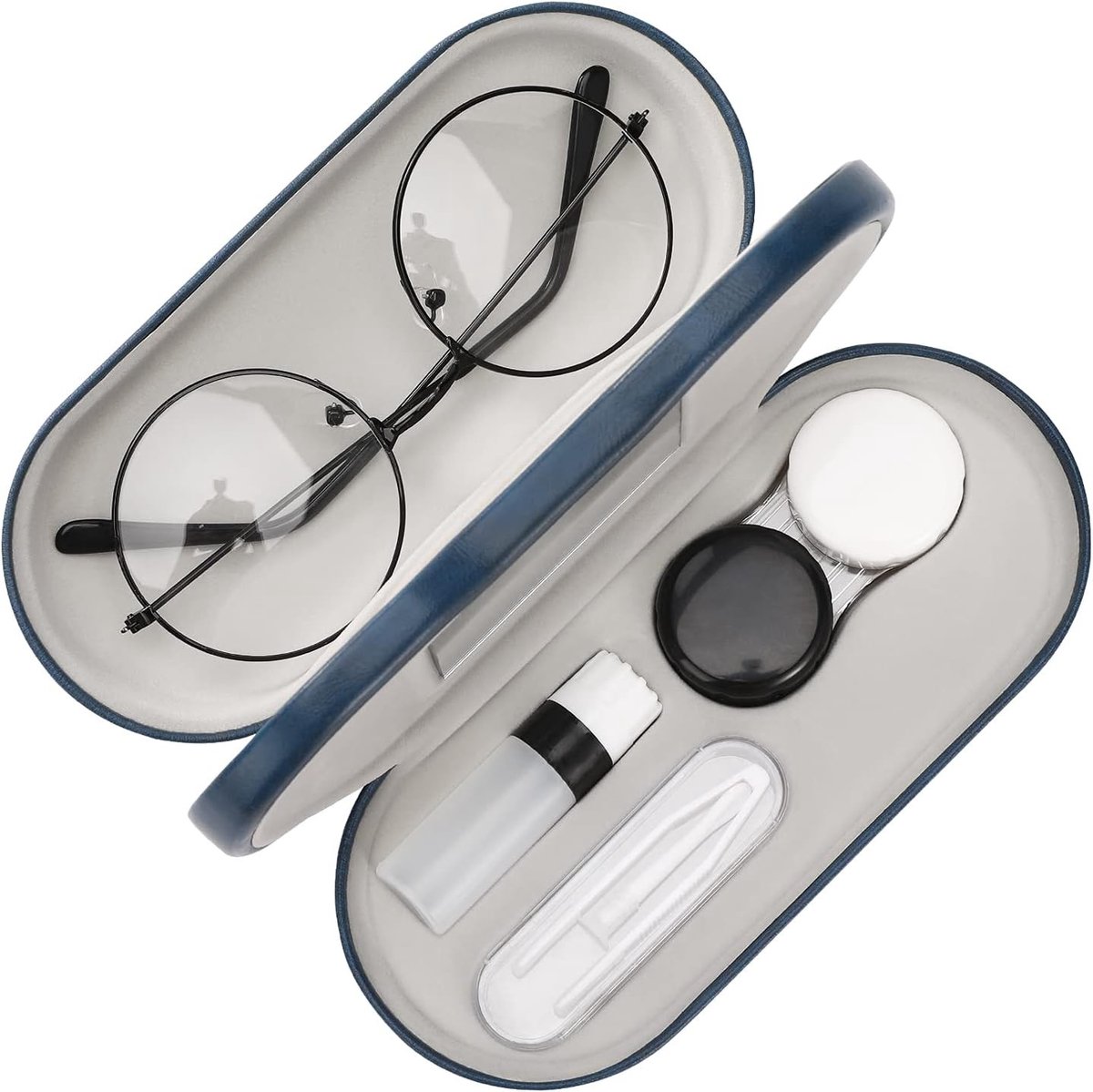 Dubbele Laag Bril Etui, 2-in-1 Zonnebril Doos, Contactlenzen Tas, Draagbare Reis Brillenopslag met Spiegel, Lichtgewicht Pouch voor Dames en Heren