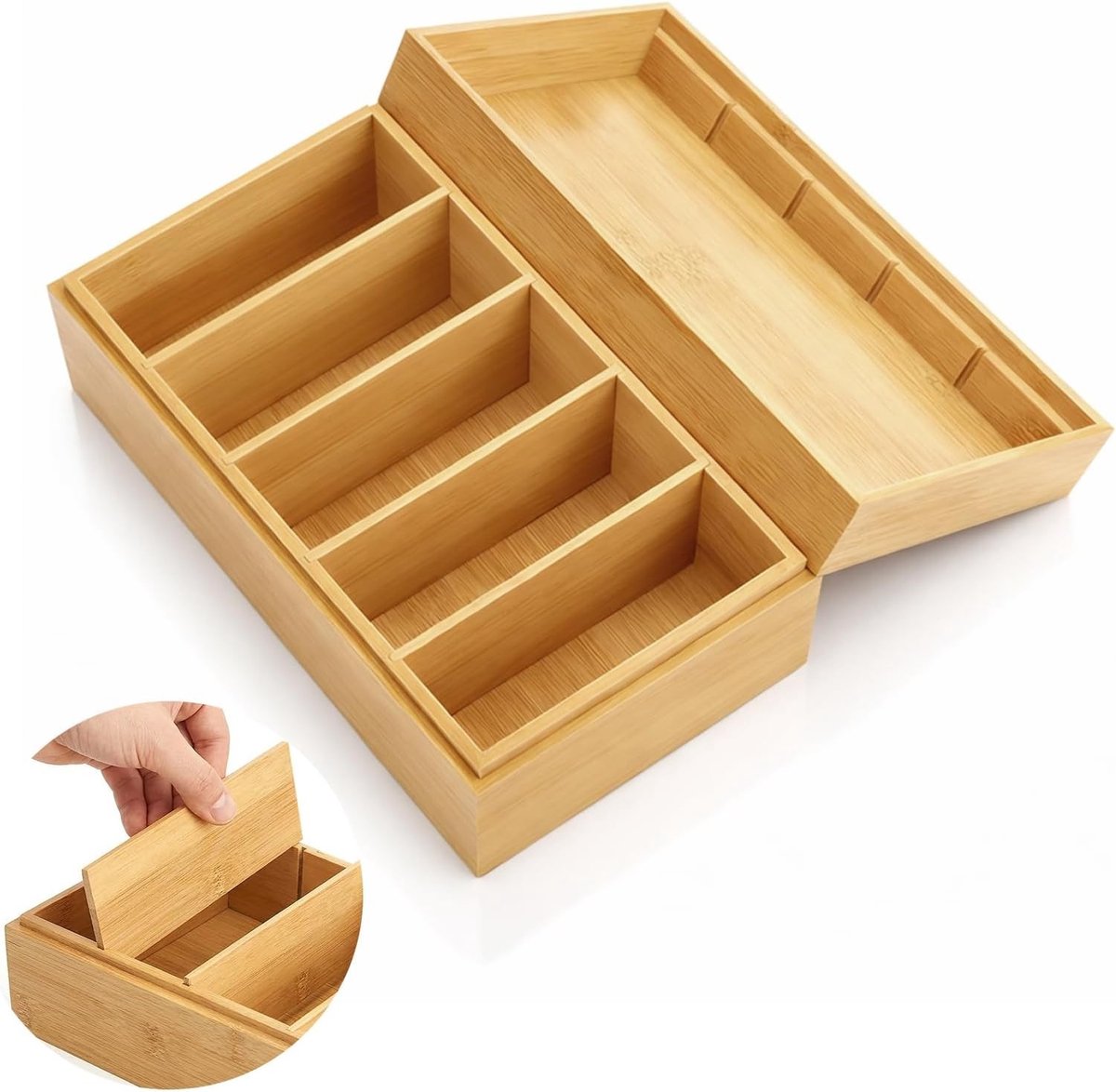 Indexkaartenbox 22 x 12.7 x 9 cm van hout, A7/A8 formaat, met deksel en 4 verwijderbare verdelers, ideaal voor leerkaarten, kantoor, school en thuisgebruik