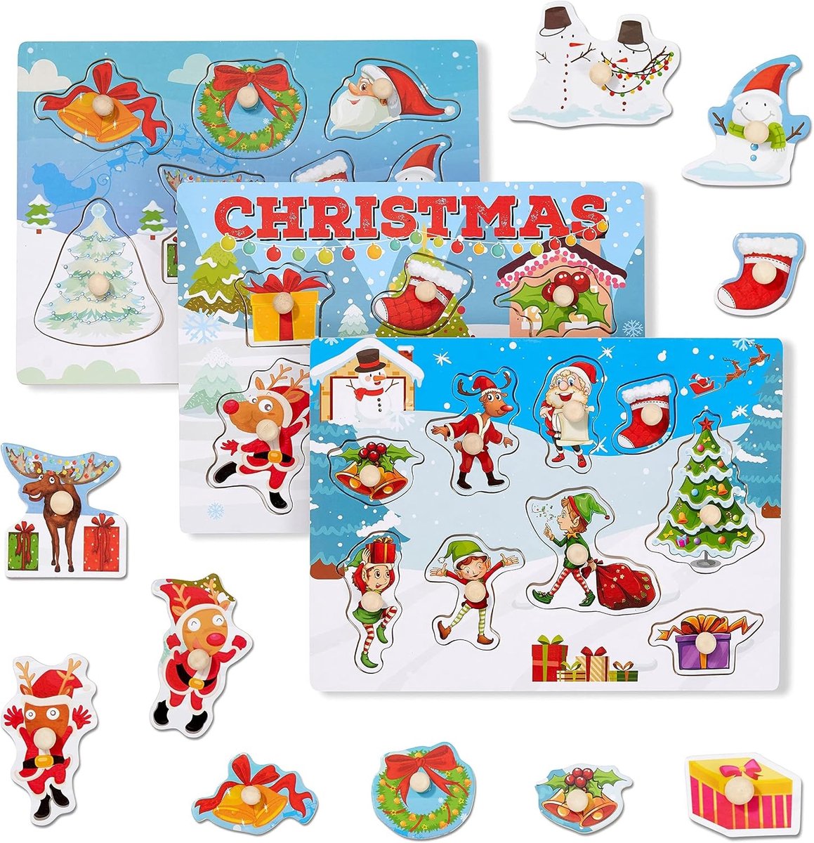 3 Houten Kerstpuzzels voor Kinderen met Schattige Santa, Dieren en Kerstboom Ontwerpen - Perfect voor Feestjes en Educatief Spelletjes - 30cm x 22cm