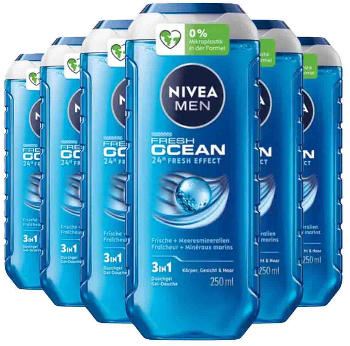 NIVEA Men Shampoo & Douchegel 3in1 Fresh Ocean - 6 x 250 ml - Voordeelverpakking