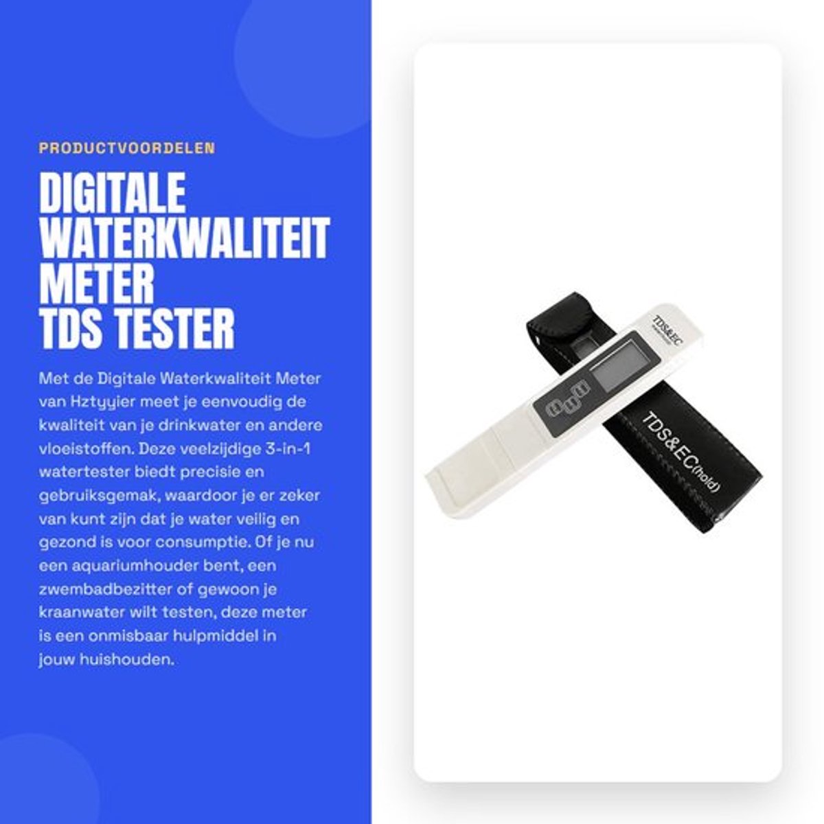 Waterkwaliteit Tester Hoge Nauwkeurigheid - 3-in-1 Watermeter - TDS Meter - Temperatuurmeter - EC Meter - Ideaal voor Zwembaden/Aquaria