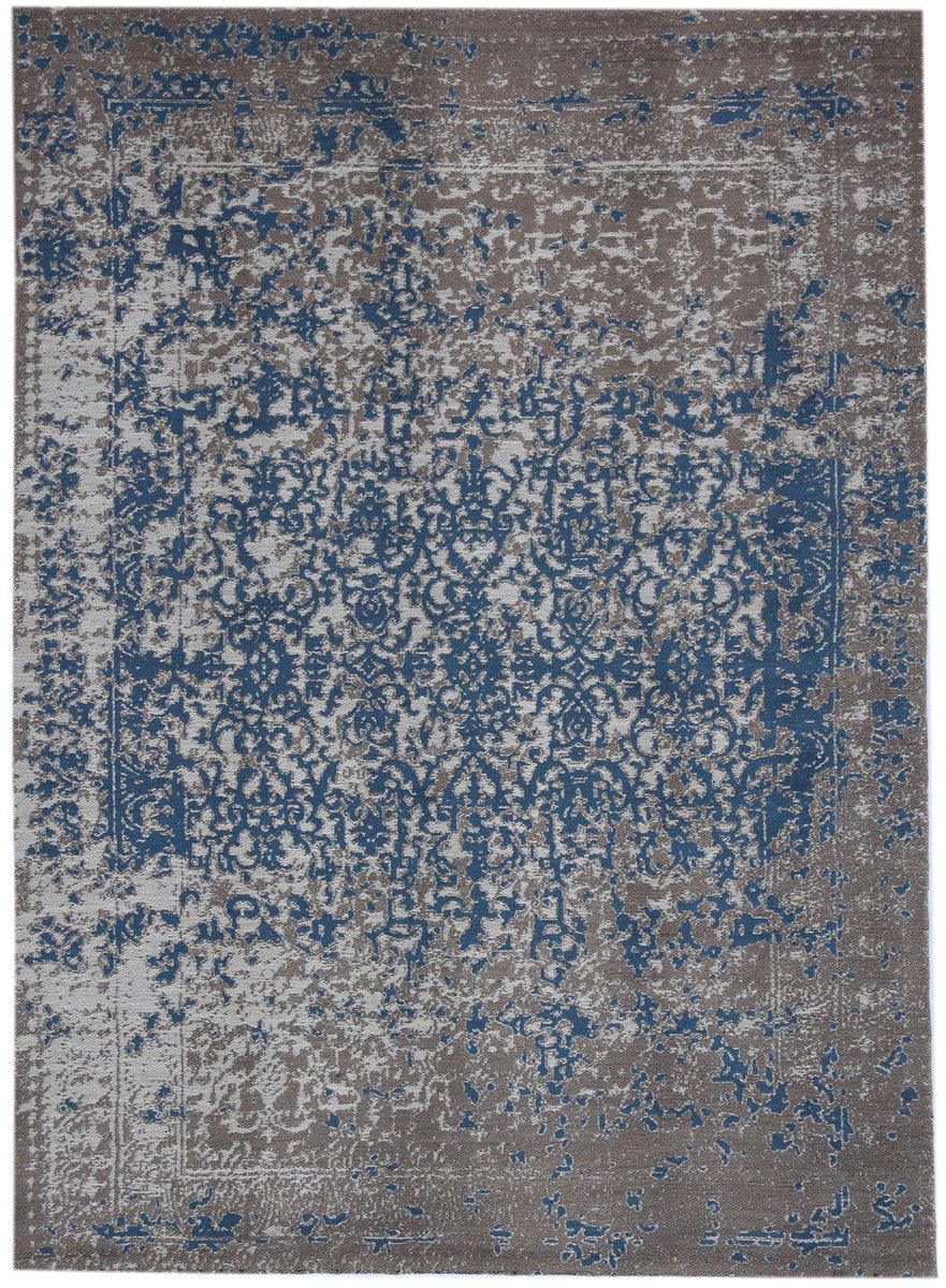 Padiro vlakgeweven vloerkleed 80 x 150 cm - beige / blauw - vintage patroon - voor binnen en buiten - geschikt voor vloerverwarming - van polyester