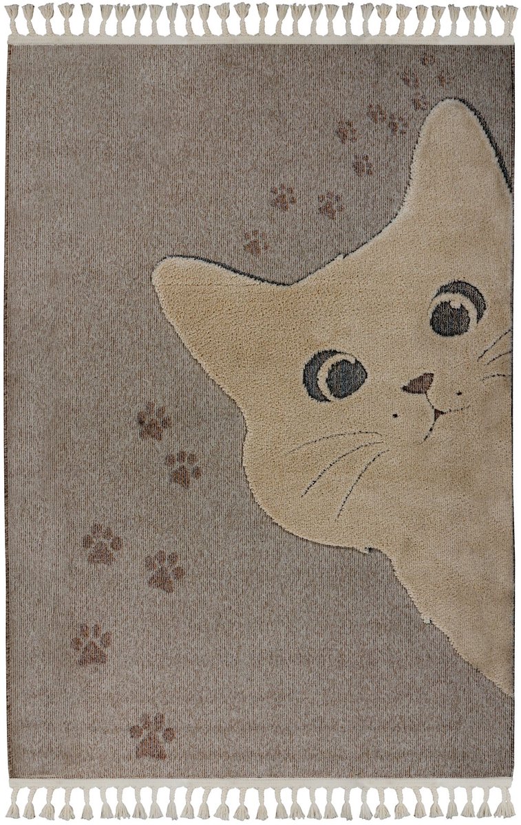 Padiro kindervloerkleed 120 x 170 cm - taupe - speels kindermotief - met kattenmotief - van polypropyleen frisee