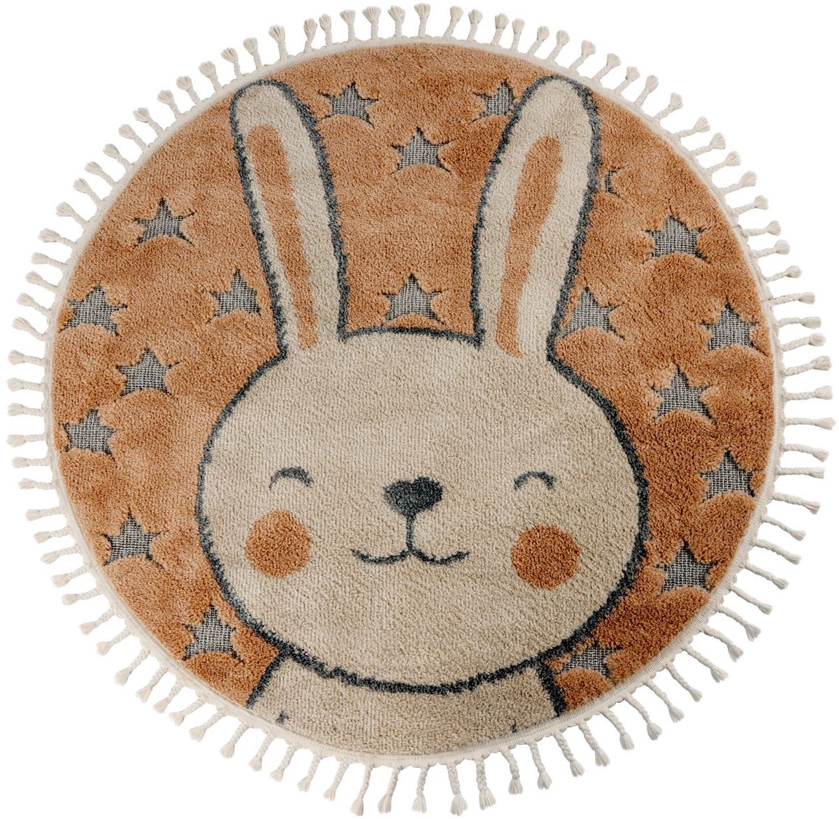 Padiro rond kindervloerkleed Ø 133 cm - beige - speels kindermotief - met konijnenmotief - van polypropyleen frisee