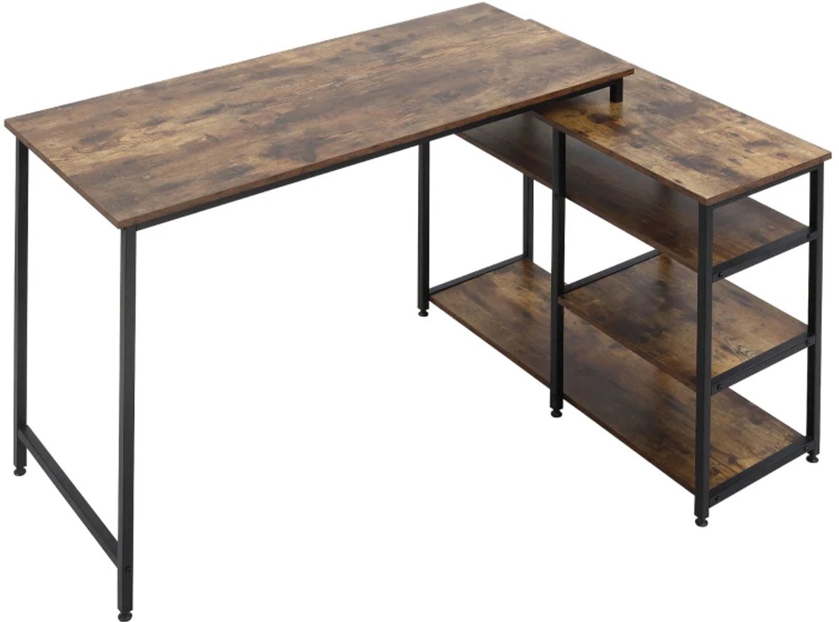 L-vormig Hoekbureau 135 x 90 x 79 cm – Computerbureau met Opbergrek en Lade – Industrieel Bruin/Zwart