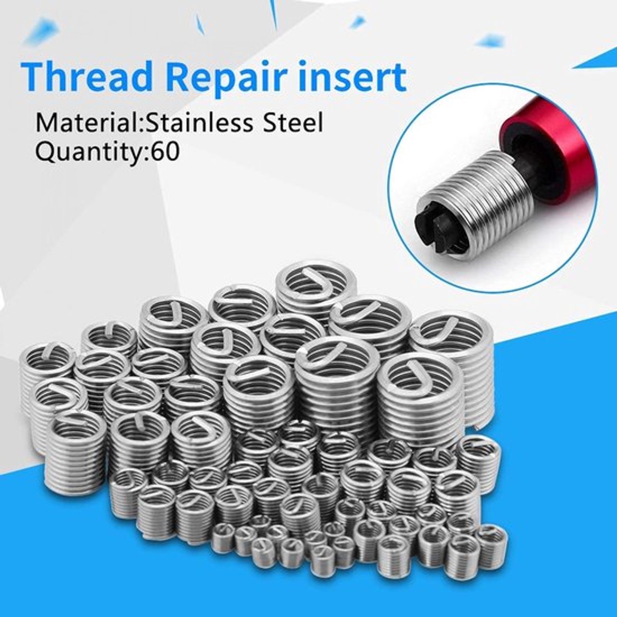 Draadschroefhuls Roestvrij staal - Schroefdraadreparatieset - 60 stuks - M3/M4/M5/M6/M8/M10/M12 - Betrouwbare verbinding - Effectieve bevestigingstechnologie - Schroefhuls