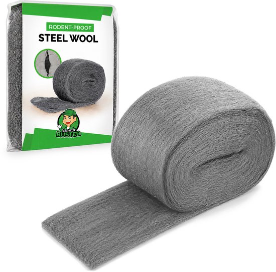 Verpakking en rol met grijze staalwol, 'Rodent-Proof Steel Wool', 'Vermin Buster'.