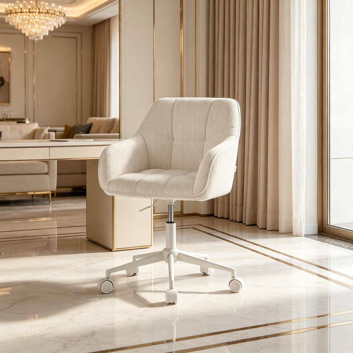 MIVRAY Bureaustoel 56 x 40 x 81-90 cm - Draaibaar Met Verstelbare Zithoogte En Wielen - Voor Thuis En Kantoor - Ribstof Beige