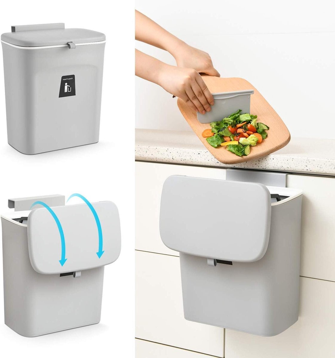 Compostemmer Keuken - Afvalbak Binnen - Afval Scheiden - Opvouwbaar Ontwerp - 9 Liter - Grijs