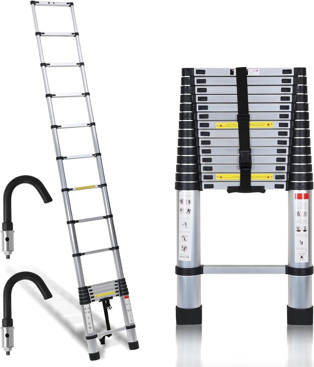 Telescoopladder - Uitschuifbare ladder - Kluswerkzaamheden Buiten - Afneembare Haken - 44 Meter - Zilverkleurig