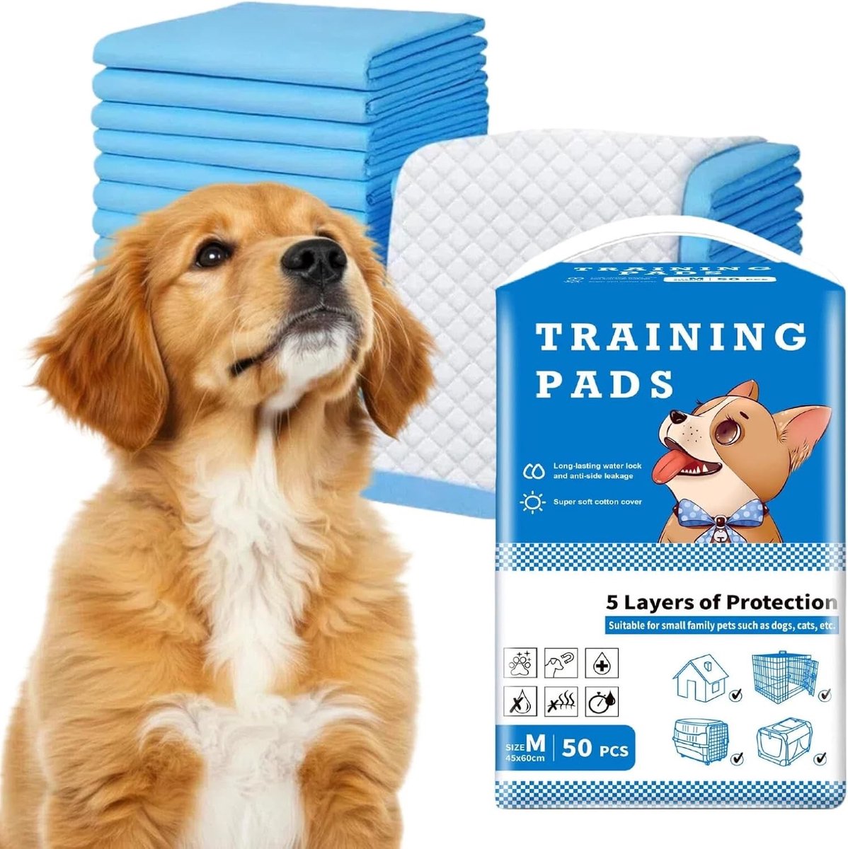 Absorberende Hondentapijt, Puppy Training Mat, Lekvrije Ondergrond voor Honden, Snel Vochtabsorberend, 45 x 60 cm, 50 Stuks, Ideaal voor Zindelijkheidstraining en Huisdierenverzorging